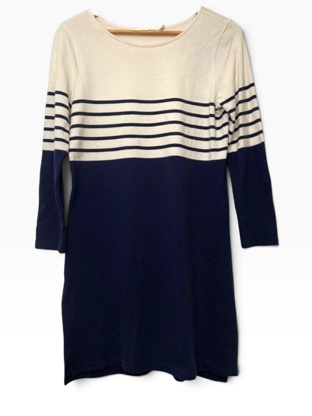 Nice Things Paloma dress 100% cotton navy blue ecru white/off white stripe small